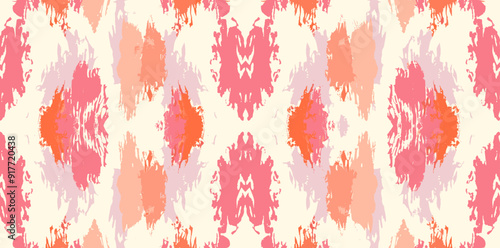 Abstract seamless pattern with pink, orange, and white blotches on a white background. The pattern is symmetrical, creating a visually appealing design.