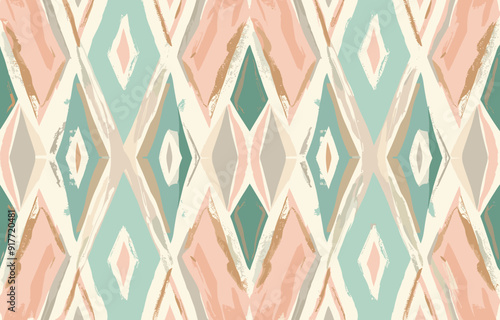 Abstract geometric pattern with pastel colors and gold accents in a diamond shape.