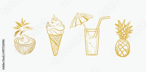 Golden outline illustration of summer icons. A coconut with a palm tree, ice cream cone, glass of beverage with an umbrella and pineapple.