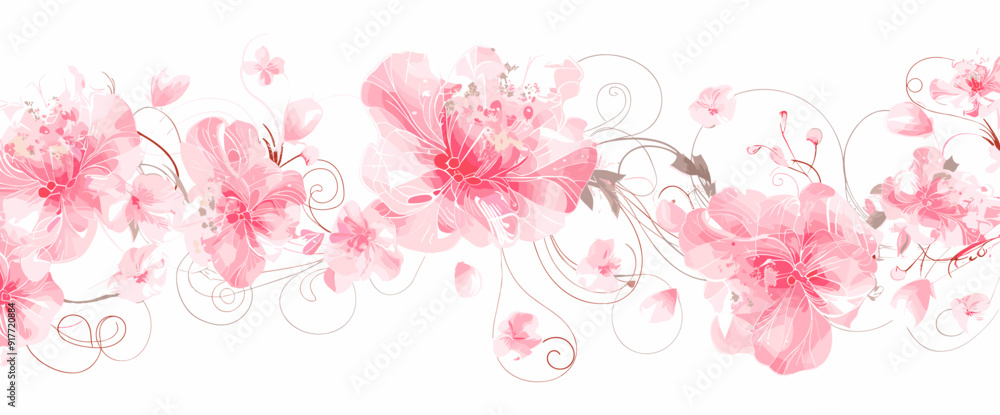 Delicate pink floral border with intricate swirls and petals against a white background Delicate pink floral border with intricate swirls and petals against a white background