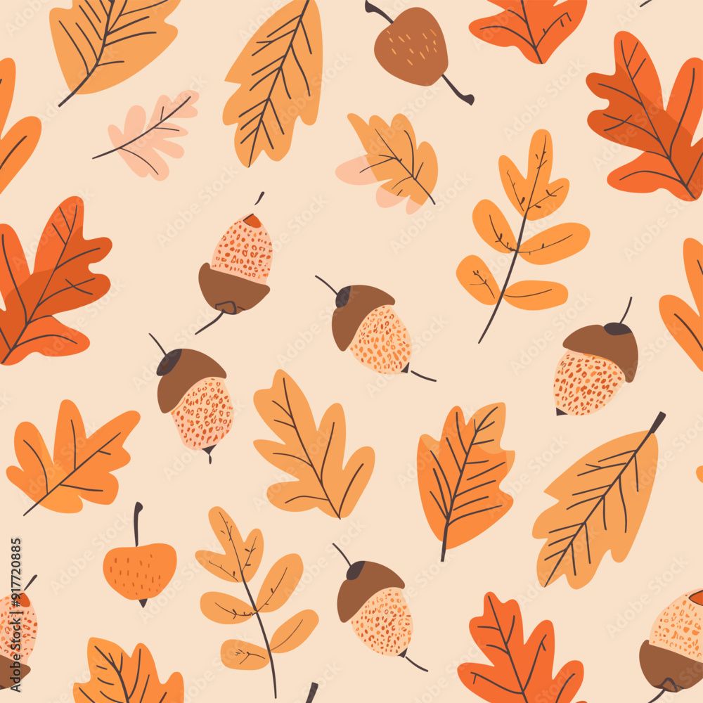 Obraz premium Seamless pattern with autumn leaves and acorns on a light background suitable for fall themed designs and crafts