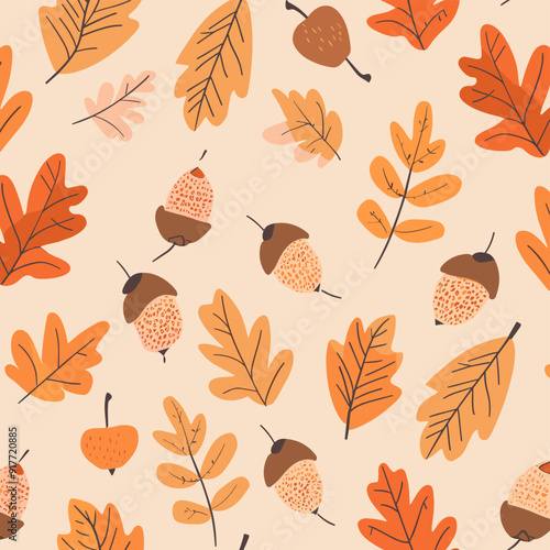 Seamless pattern with autumn leaves and acorns on a light background suitable for fall themed designs and crafts