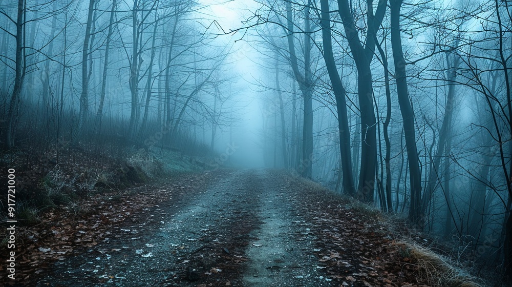 Obraz premium Mysterious forest road in the morning fog. Dark fantasy woods landscape in mist.