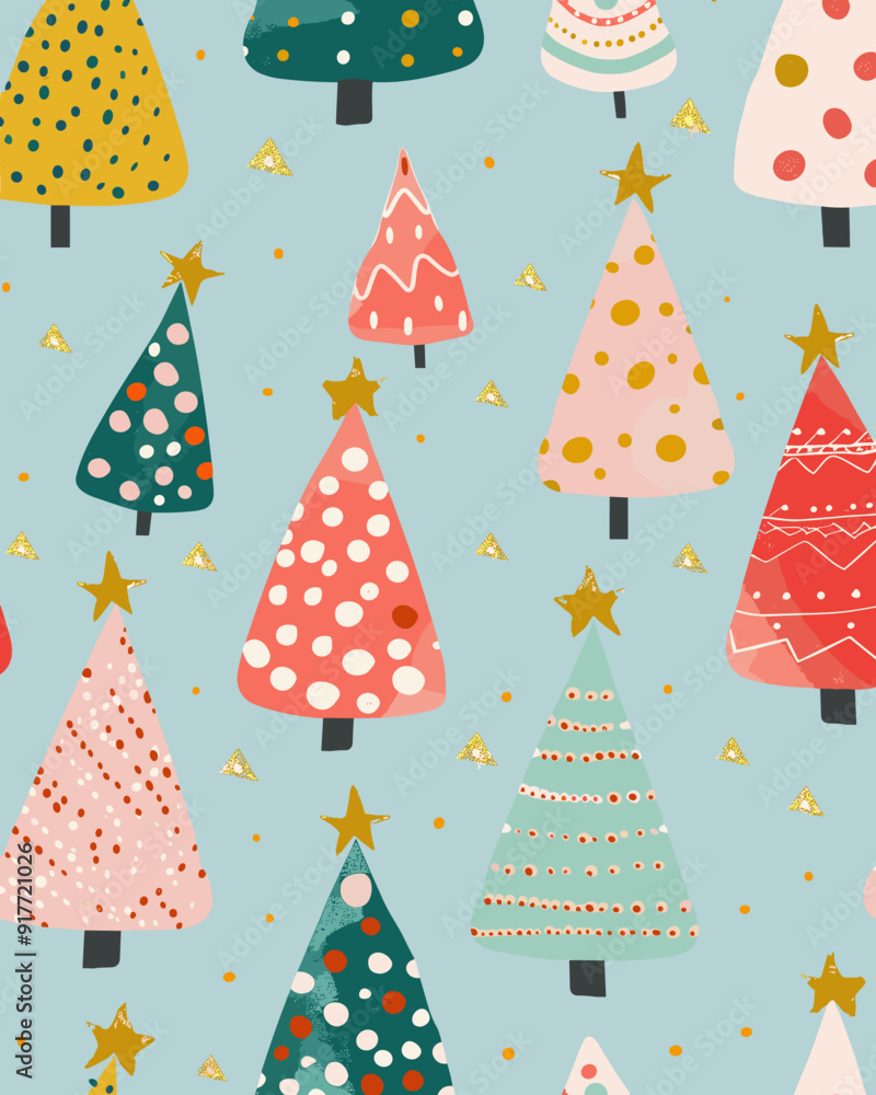 A cheerful and festive Christmas pattern featuring colorful stylized Christmas trees with gold stars and confetti on a blue background A cheerful and festive Christmas pattern featuring colorful stylized Christmas trees with gold stars and confetti on a blue background