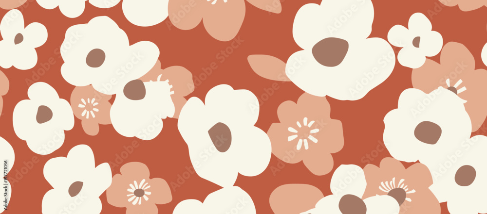 Fototapeta premium Abstract floral pattern with white and pink flowers on a rusty orange background. This seamless design is perfect for various creative projects like textiles wallpapers and digital prints