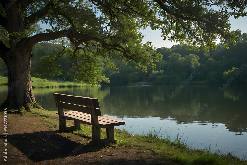 A lonely bench beside a tranquil lake A lonely bench beside a tranquil lake