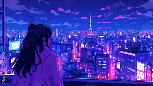 Lofi girl standing in night scene in the city