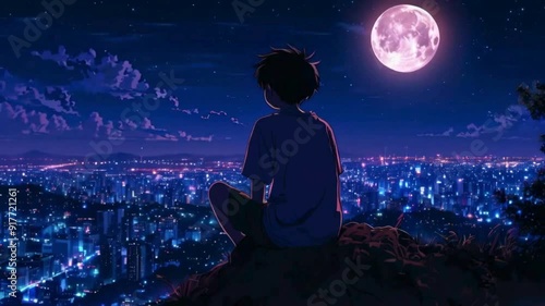 Sad lofi man sitting on mountain in the night