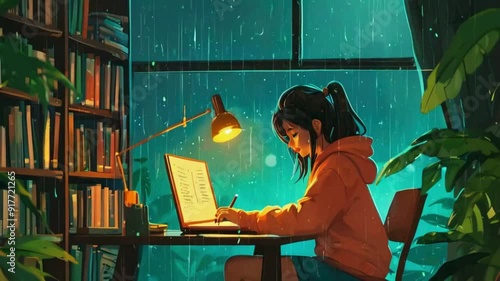 Lofi girl working on laptop in night raining on window glass