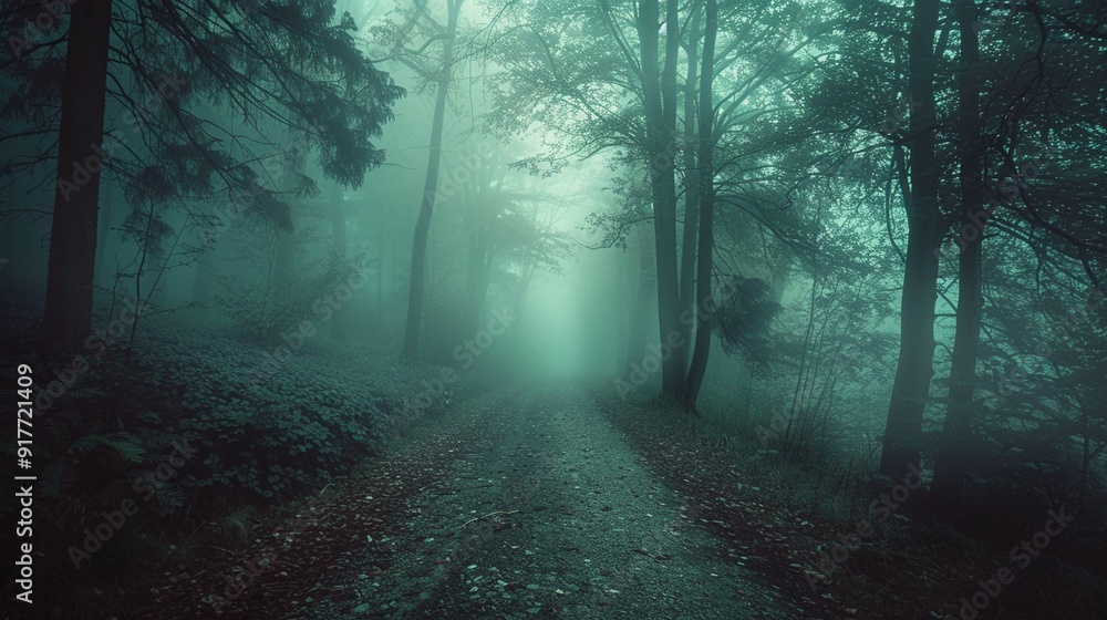 Fototapeta premium Mysterious forest in a foggy day with a pathway leading to the horizon. Landscape scary scene.