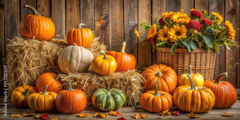 fall themed still life with pumpkins and hay fall themed still life with pumpkins and hay