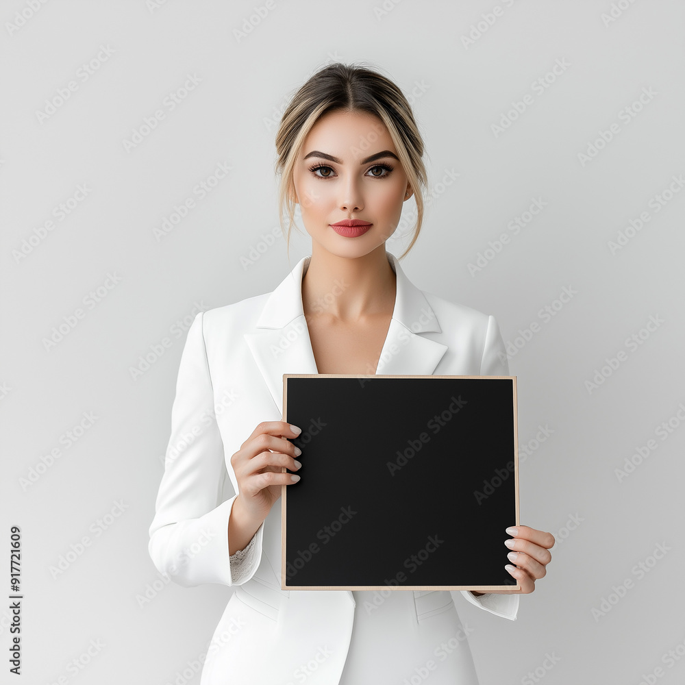 A businesswoman in white holding a blank blackboard, ideal for mockup presentations, with ample copy space for text or branding. A businesswoman in white holding a blank blackboard, ideal for mockup presentations, with ample copy space for text or branding.