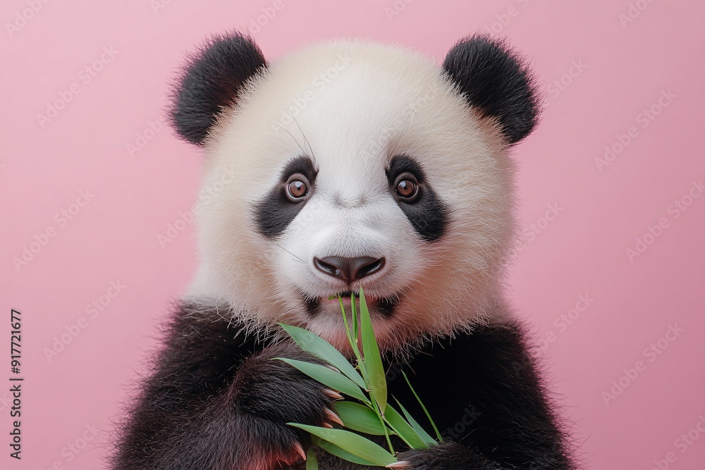 Fototapeta premium Close-up of a panda eating bamboo against a pink background.