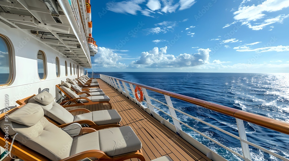 Fototapeta premium A cruise ships large spotless deck featuring lines of reclining seats