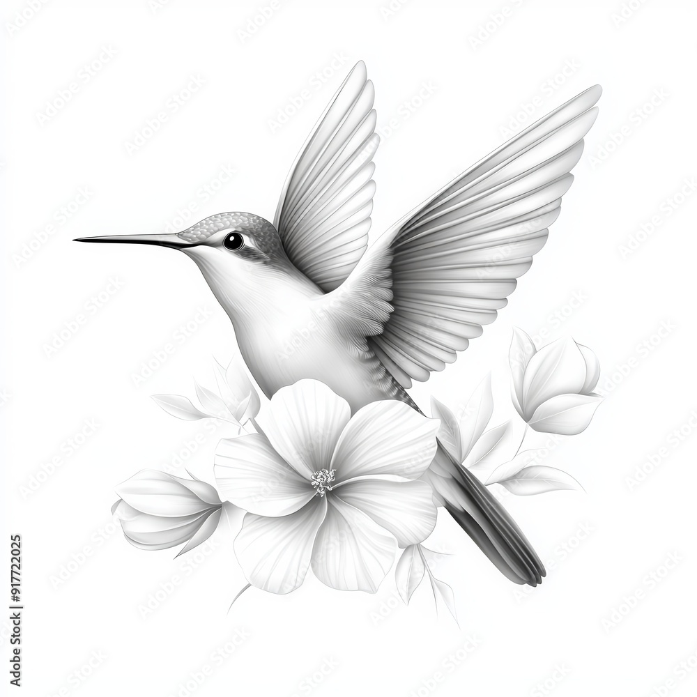 Obraz premium Black and white illustration of a hummingbird in flight, surrounded by delicate flowers, showcasing intricate details and elegant beauty.