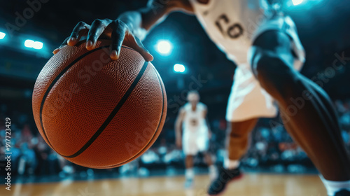 A close-up of the hand of a basketball player dribbling, holding a basketball with his hands in motion on the court during a game photo