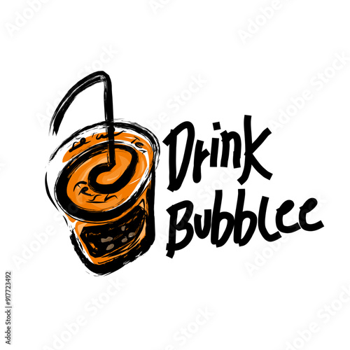 The bubble drink logo features a cup containing a brown beverage and tapioca pearls at the bottom. The cute and stylish font adds a modern and refreshing touch.