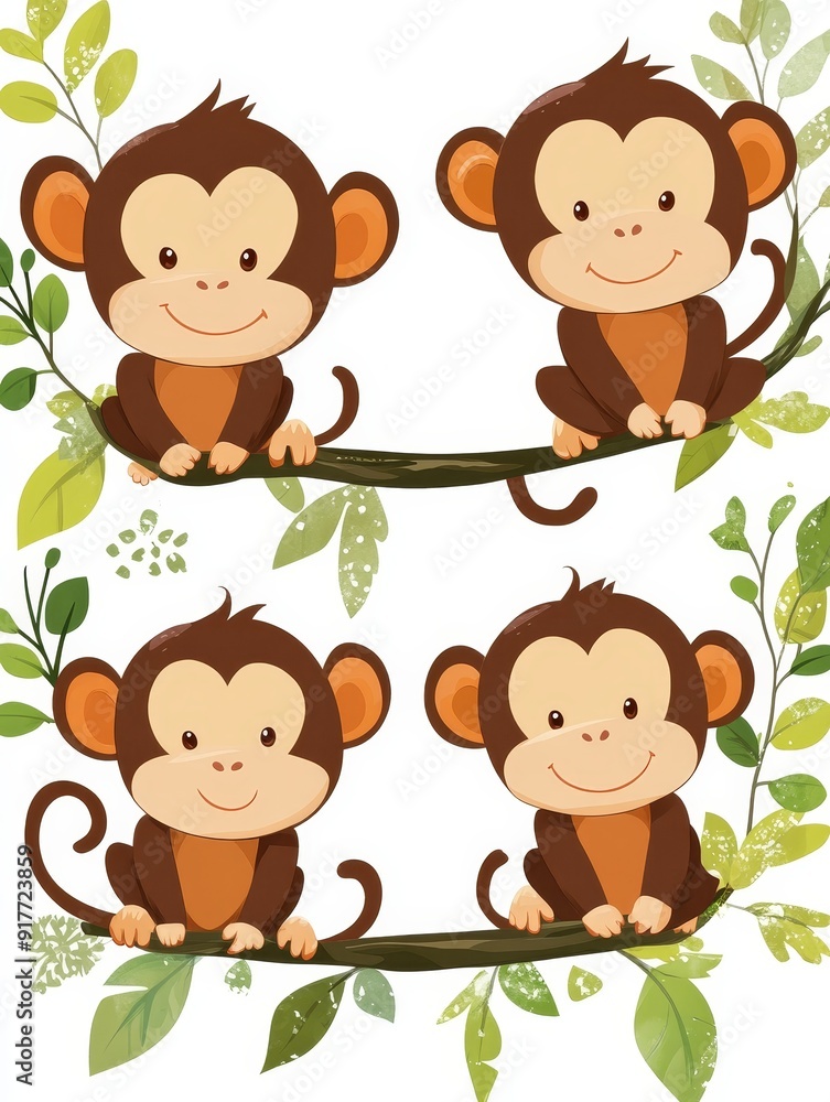 Fototapeta premium Four Cute Monkeys on a Branch