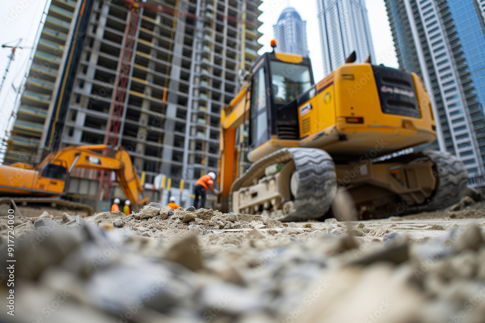 Urban construction site with heavy machinery operating Urban construction site with heavy machinery operating