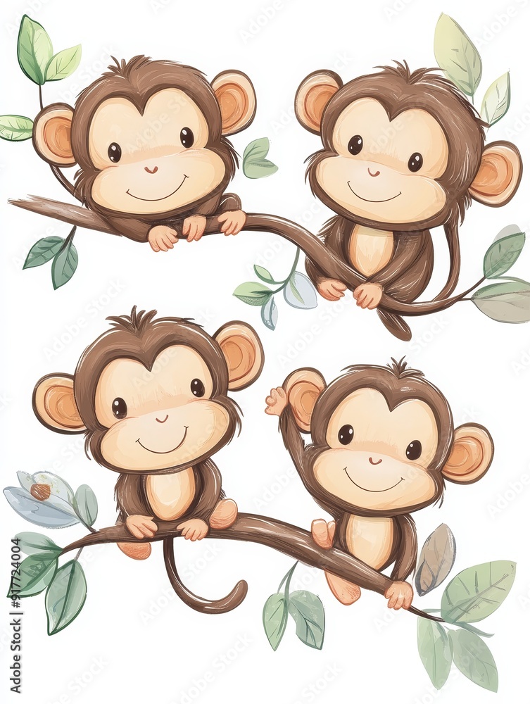 Fototapeta premium Four Adorable Monkeys on a Branch