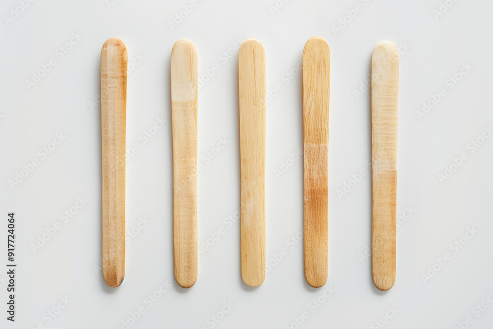 Five wooden sticks in a row on white background Five wooden sticks in a row on white background