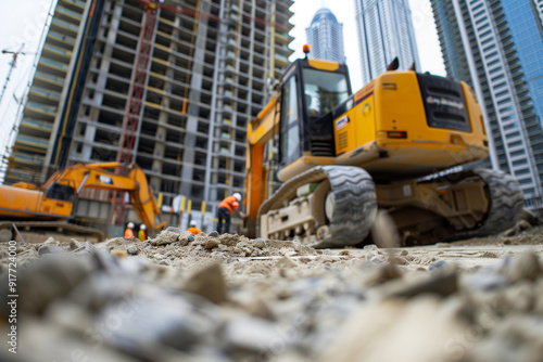 Urban construction site with heavy machinery operating