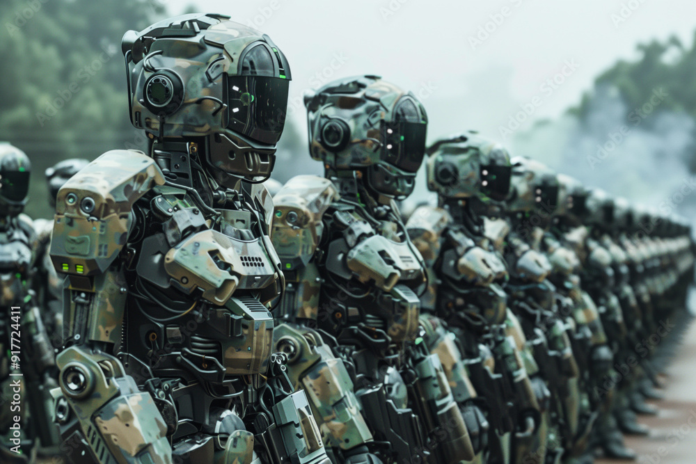 Fototapeta premium Robots in military camouflage gear, aligned in formation