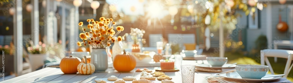 A backyard party with festive banners, a table full of decorated cookies, and guests painting pumpkins A backyard party with festive banners, a table full of decorated cookies, and guests painting pumpkins