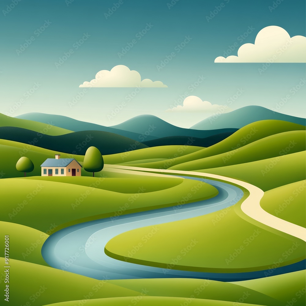 Idyllic countryside scene with a river, house, and rolling hills under ...
