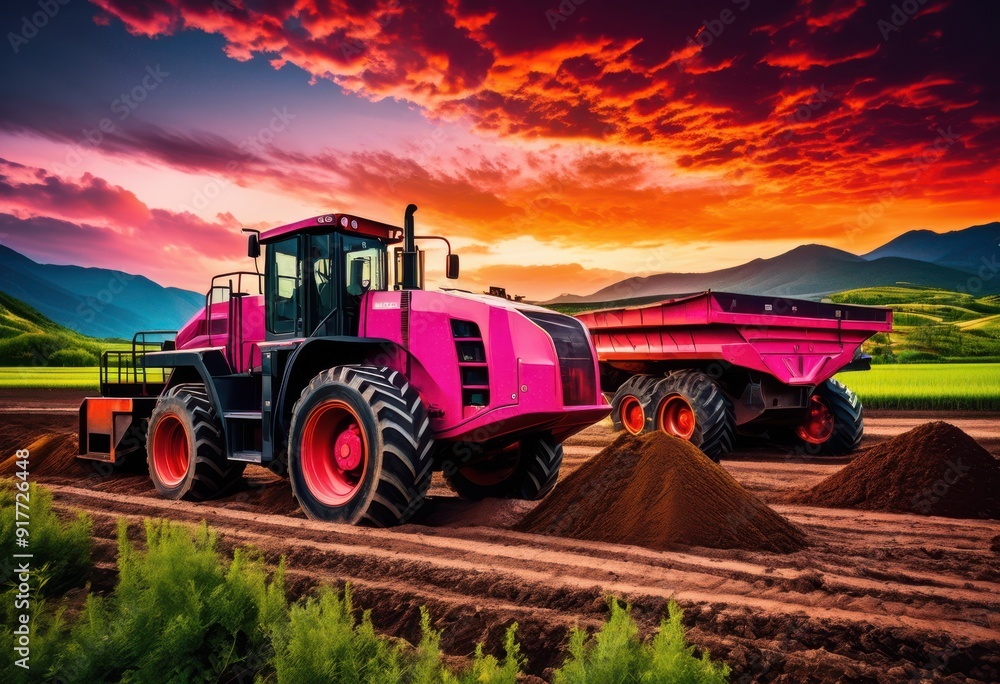 Obraz premium powerful machinery operating amidst stunning natural landscapes majestic lush greenery vibrant sky, aerial, agriculture, beauty, cloud, construction