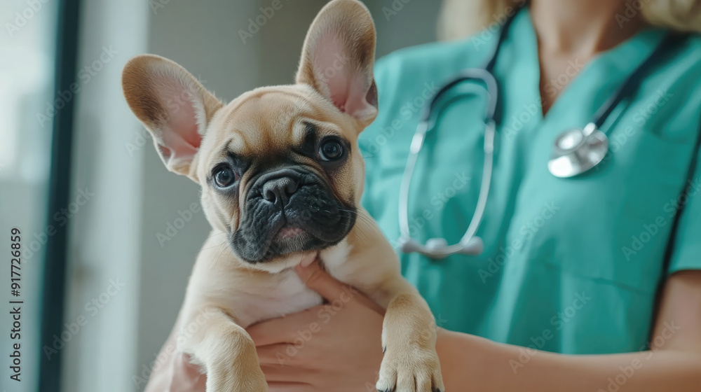 A cute French Bulldog puppy is adorable while the doctor is holding it A cute French Bulldog puppy is adorable while the doctor is holding it