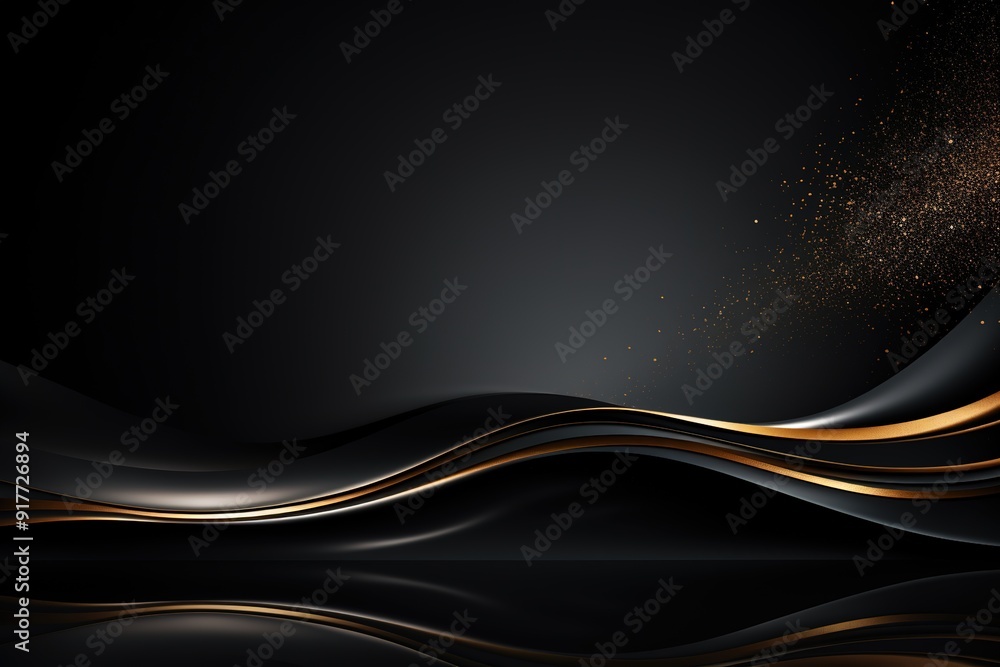 Abstract black and gold background with wavy lines and sparkling glitter. Abstract black and gold background with wavy lines and sparkling glitter.