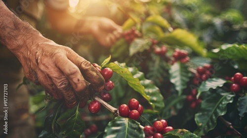 Old man 's hand picking Arabica coffee berries or Robusta berries in coffee harvesting. Generative AI, AI generated for Ads photo