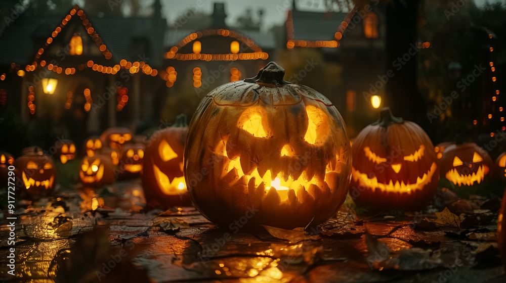 Spooky Night Forest with Halloween Pumpkins Spooky Night Forest with Halloween Pumpkins