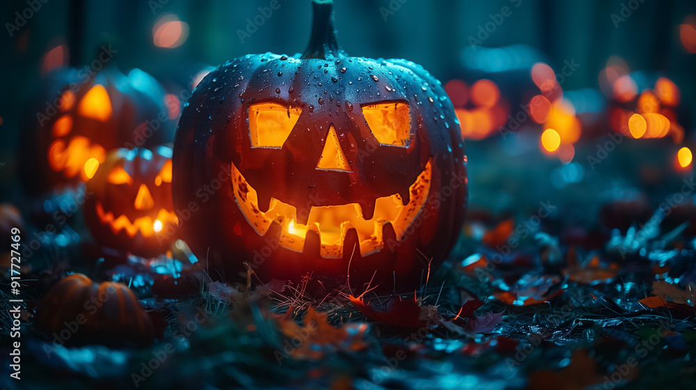 Naklejka premium Nighttime Halloween Scene with Carved Pumpkins on Wood