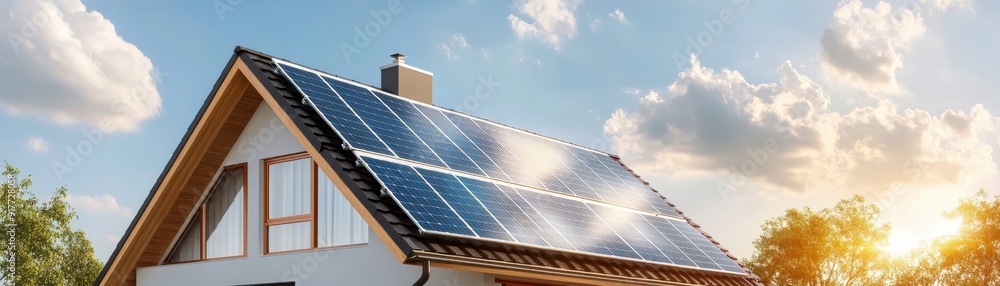 Fototapeta premium A modern house featuring solar panels on the roof, showcasing renewable energy in a sunny environment.