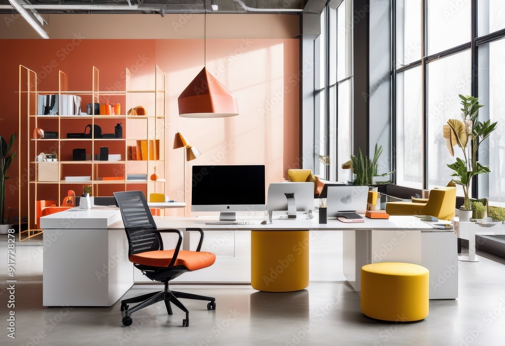 Fototapeta premium contemporary product display minimalist office environment highlighting innovative designs functional aesthetics, modern, sleek, furniture, workspace