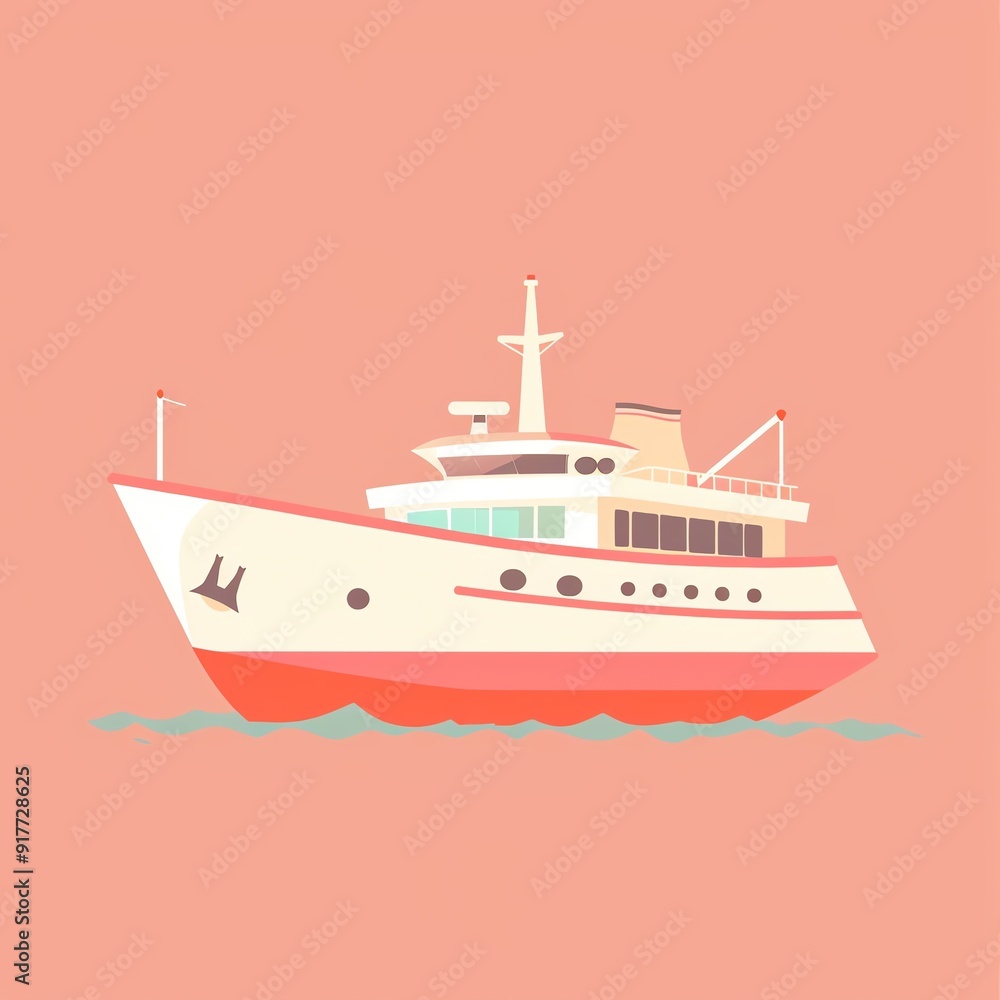 Minimalist illustration of a white and orange ship sailing on calm waters with a light coral background, capturing a serene nautical scene. Minimalist illustration of a white and orange ship sailing on calm waters with a light coral background, capturing a serene nautical scene.