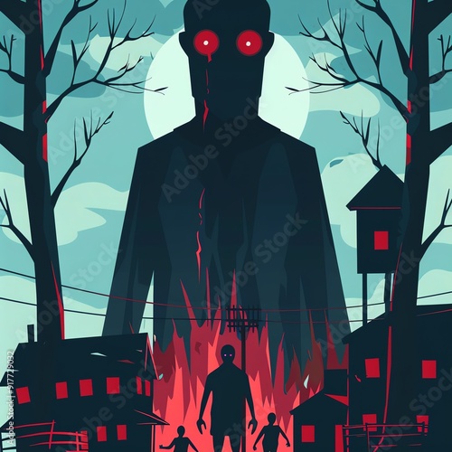 Eerie horror illustration of a sinister figure and children in a creepy village at night with a full moon background. photo