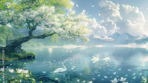 Serene Landscape with Swans and Blossoming Tree