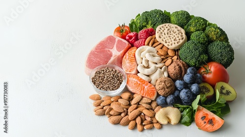 Brain composed of nutrient-rich foods, emphasizing the role of diet in cognitive function and mental clarity, AI illustration photo