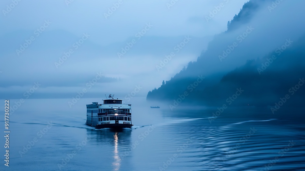 A ferry boat sailing at dusk via a high pass from a harbor A ferry boat sailing at dusk via a high pass from a harbor