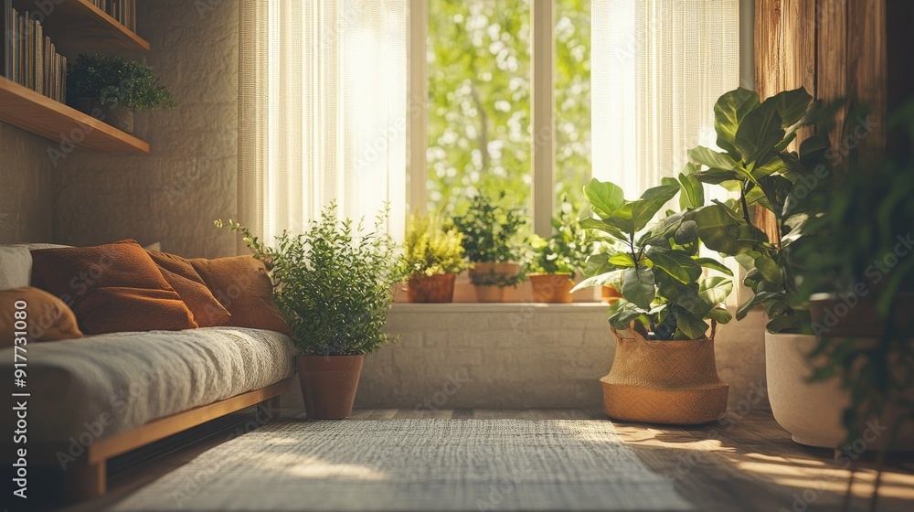 A cozy Scandinavian interior with spring decor, featuring light furnishings and green plants. The upper part of the image is clear for text. A cozy Scandinavian interior with spring decor, featuring light furnishings and green plants. The upper part of the image is clear for text.