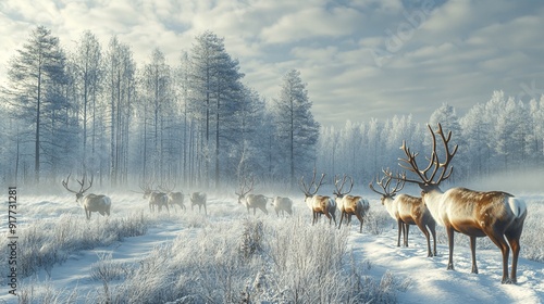 Group of reindeer walking through a snowy forest landscape in winter