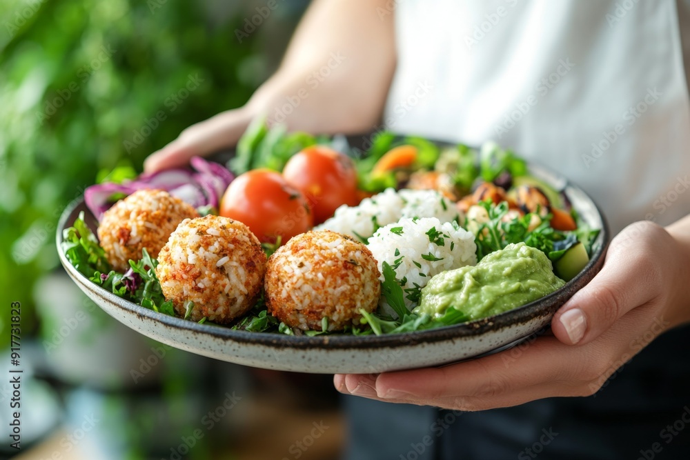 Close up of hands holding a plate with a delicious and healthy vegetarian bowl with rice balls, guacamole, tomatoes, and salad. Close up of hands holding a plate with a delicious and healthy vegetarian bowl with rice balls, guacamole, tomatoes, and salad.