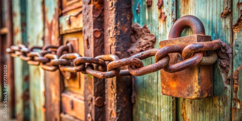 rusty iron chain securing lock on metal door rusty iron chain securing lock on metal door