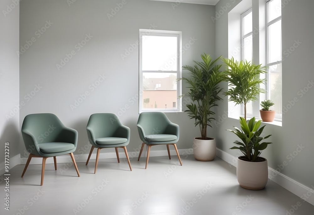 modern living room with armchair. A modern waiting room with gray walls, large windows, and green upholstered chairs arranged in a row. modern living room with armchair. A modern waiting room with gray walls, large windows, and green upholstered chairs arranged in a row.