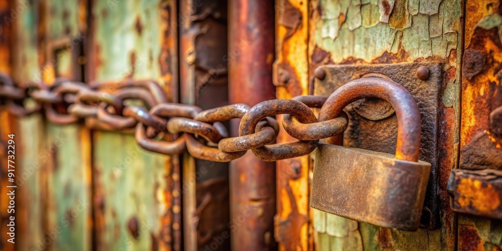 rusty iron chain securing lock on metal door rusty iron chain securing lock on metal door