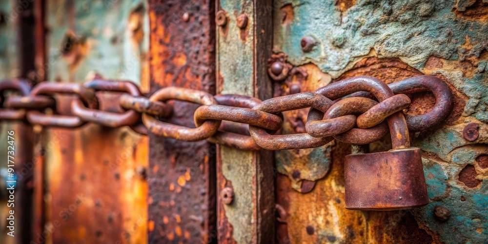 rusty iron chain securing lock on metal door rusty iron chain securing lock on metal door