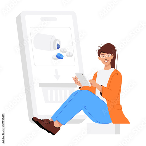 Girl buying medicines from online pharmacy, flat illustration 

